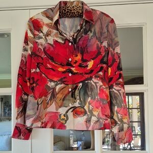 Brand New Floral Watercolor Button-Down Blouse in Red & Multicolor